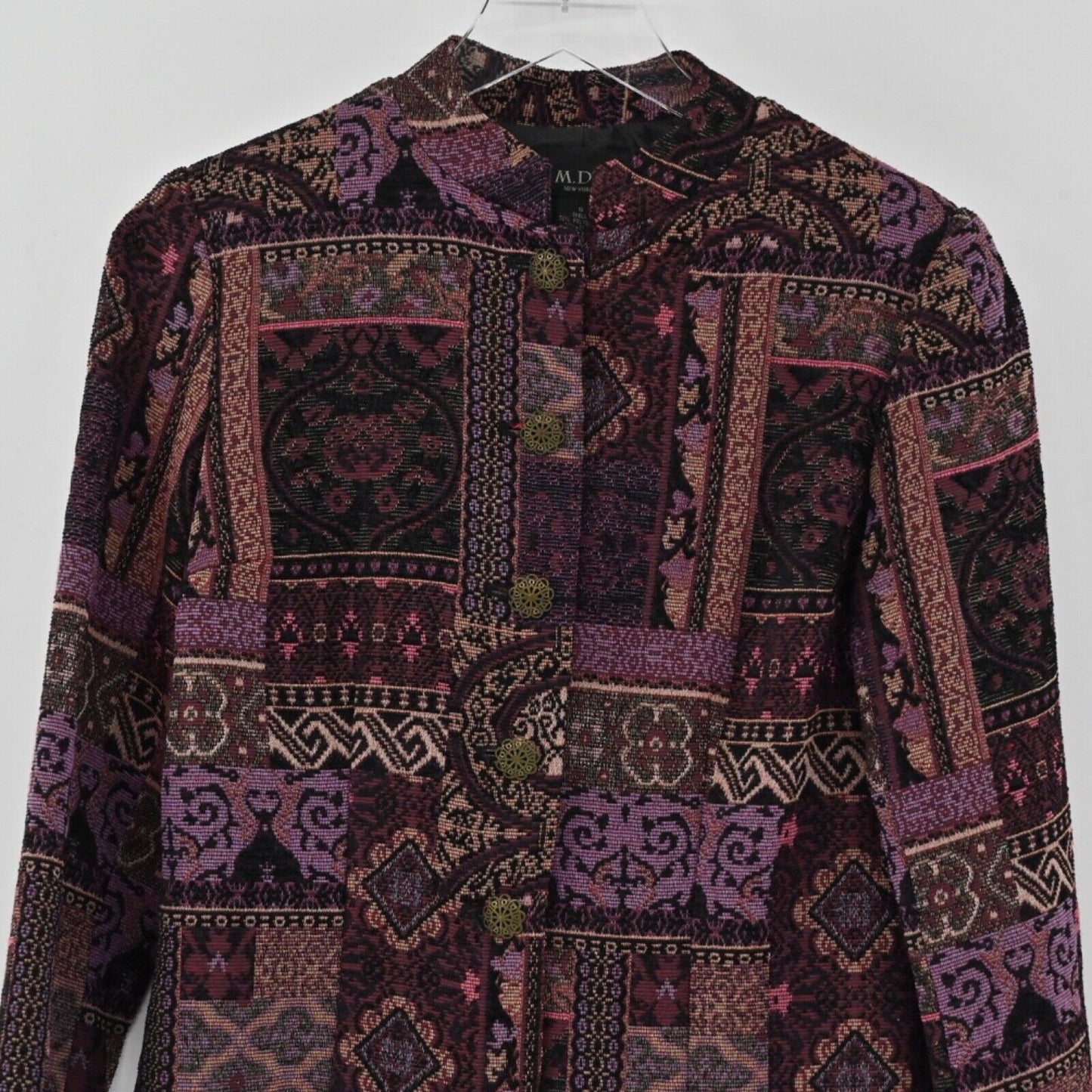 Vtg MDL Jacket Womens Sz S Purple Patchwork Print Tapestry Button Front Boho 90s