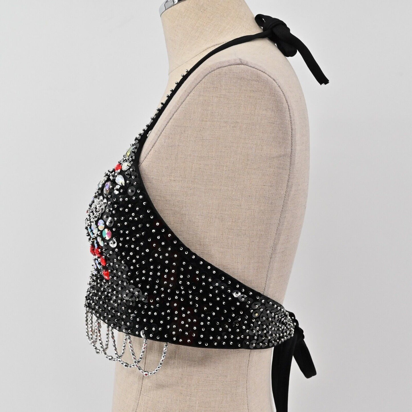 CHARISMATICO Beaded Top Womens Sz M Black Sequin Rhinestone Bustier Halter Crop