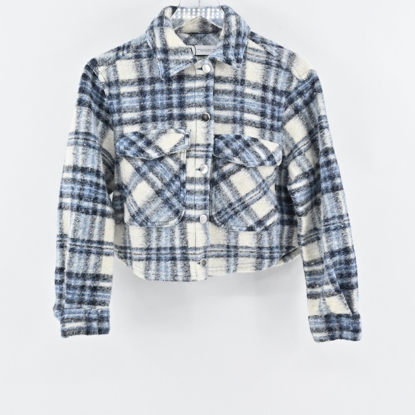 ZARA Jacket Womens Size XS Cropped Blue Plaid Button Front Shacket Wool Blend