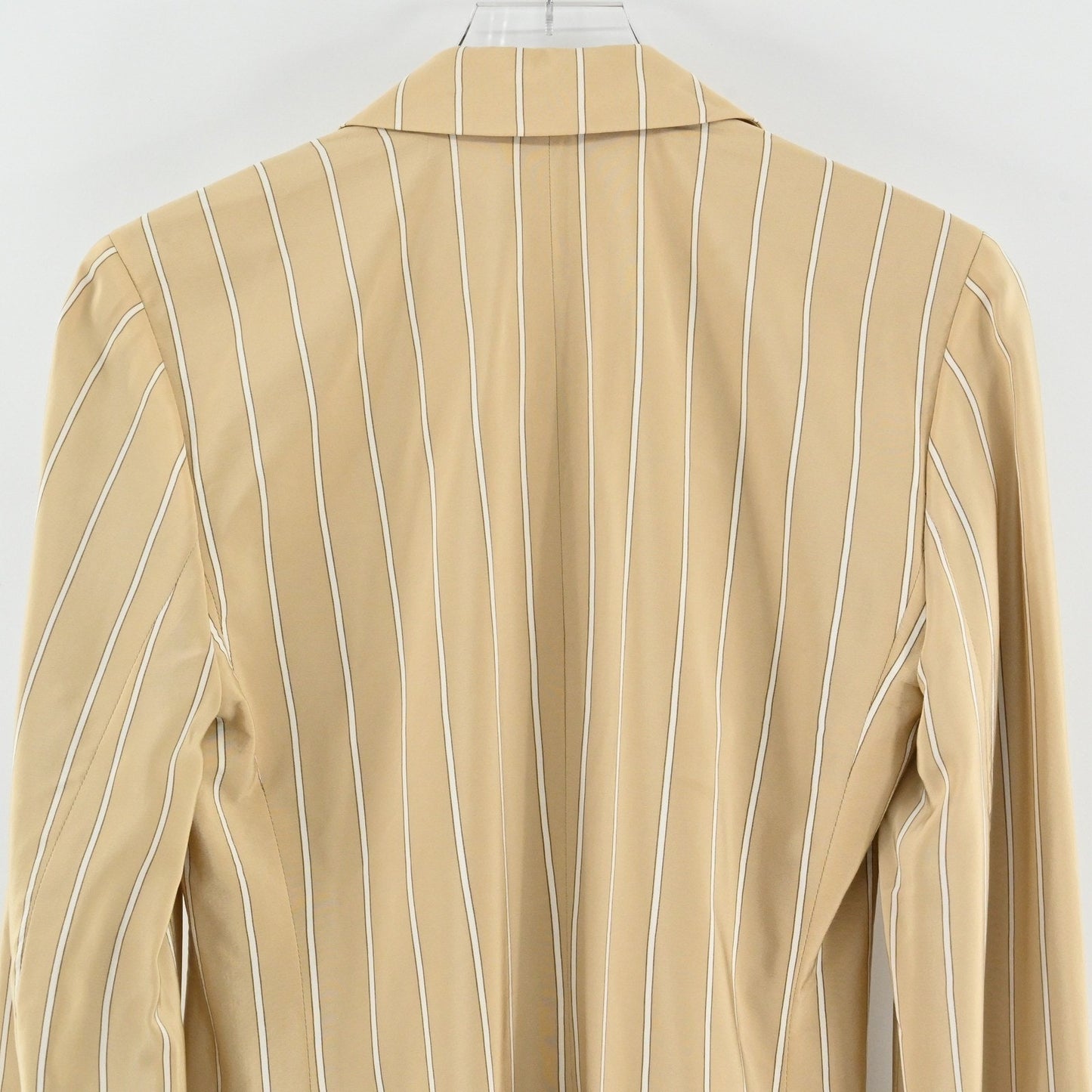 Linda Allard Ellen Tracy Womens Silk Blazer Size 2 Striped Tan Long Line Career
