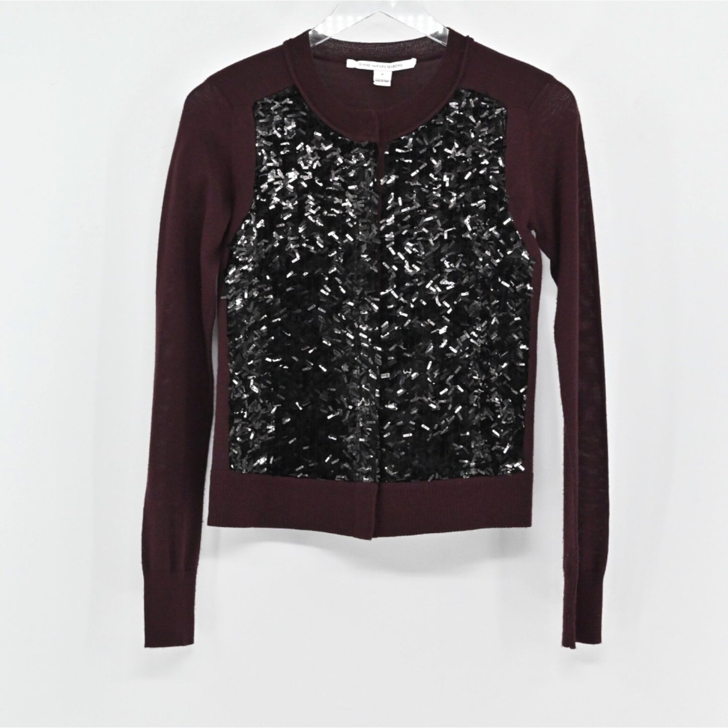 DIANE VON FURSTENBERG Womens Skirt Set Size 0 Cardigan Burgundy Sequin Sweater