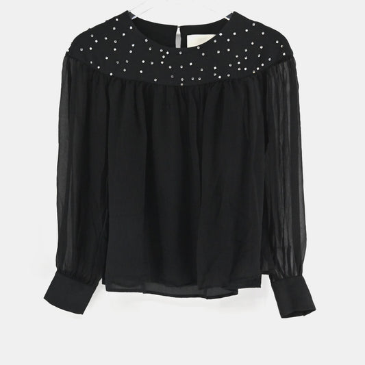 PHILLIP LIM Womens Silk Top Size 6 Black Rhinestone Balloon Sleeve Glam Holiday