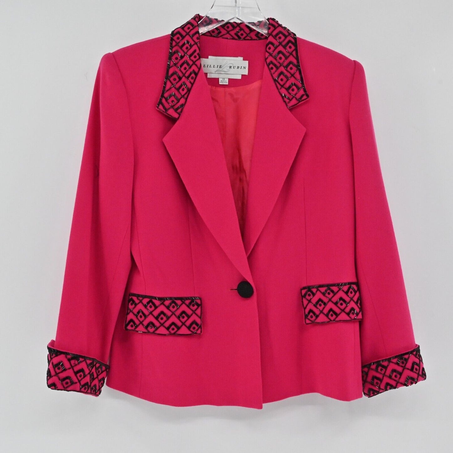 Vtg LILLIE RUBIN Skirt Suit Womens Size 10 Hot Pink Black Beaded 80s