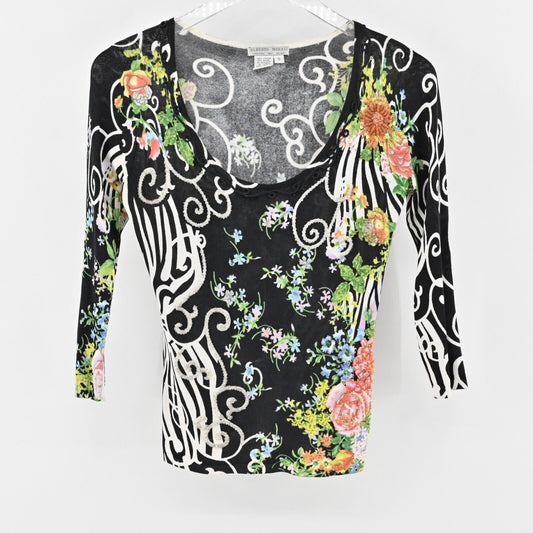 ALBERTO MAKALI Top Womens Size S Multicolor Floral Print Sequin Beaded Blouse
