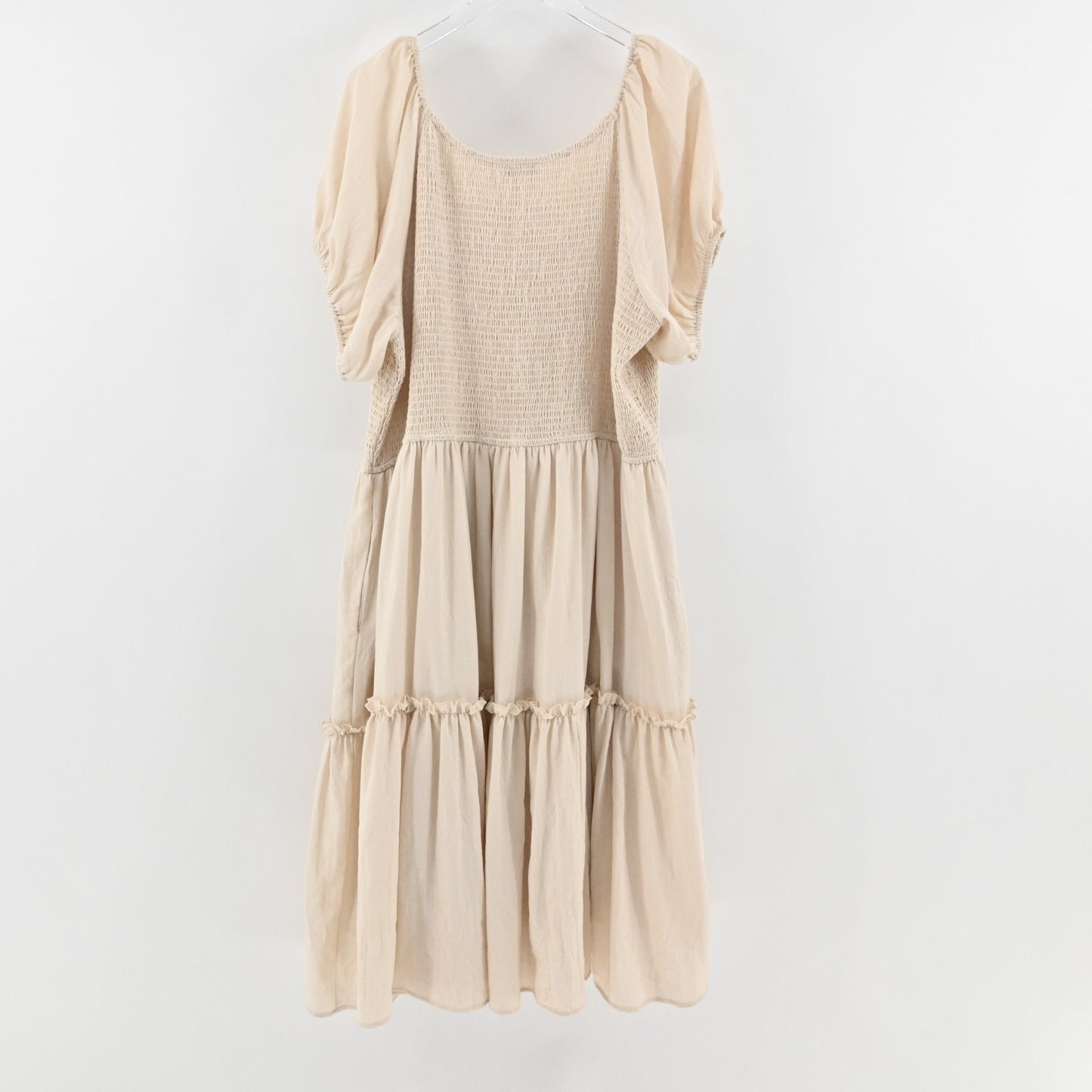 IVY CITY Co Tiered Dress Sz 3X Beige Smocked Scoop Neck Puff Sleeve Stretch Midi