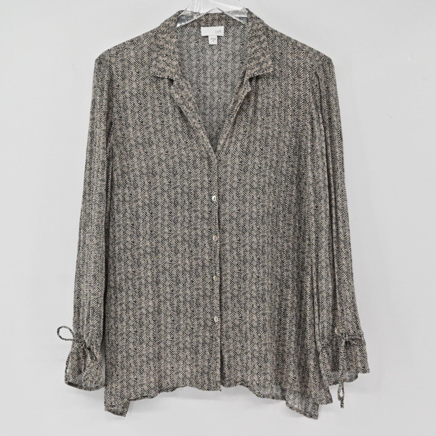 J JILL Top Womens Size M Cream Black Herringbone Button Up Long Bow Bell Sleeve