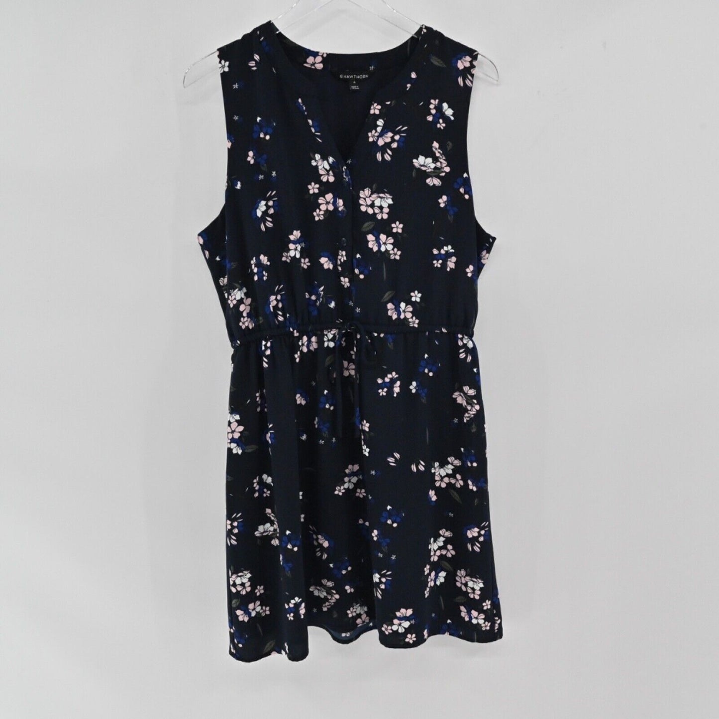 41 HAWTHORN Dress Womens Sz L Navy Blue Floral Sleeveless Tie Waist Claira Shirt
