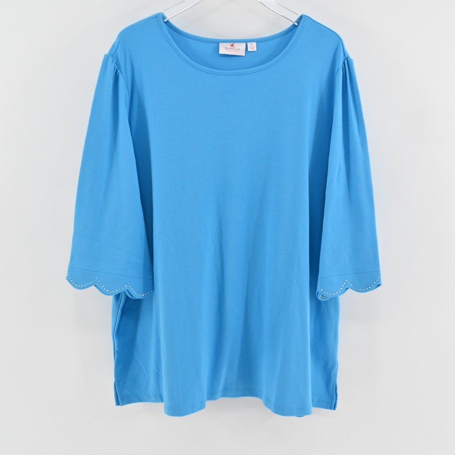 Quacker Factory Womens Scalloped Rhinestone Top Size 3X Blue 3/4 Puff Sleeve