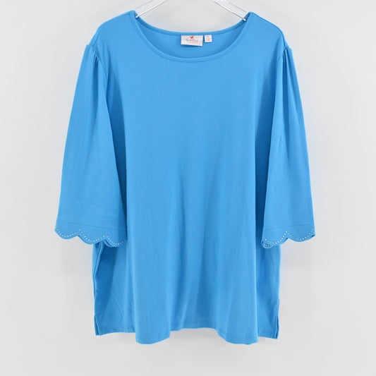 Quacker Factory Womens Scalloped Rhinestone Top Size 3X Blue 3/4 Puff Sleeve