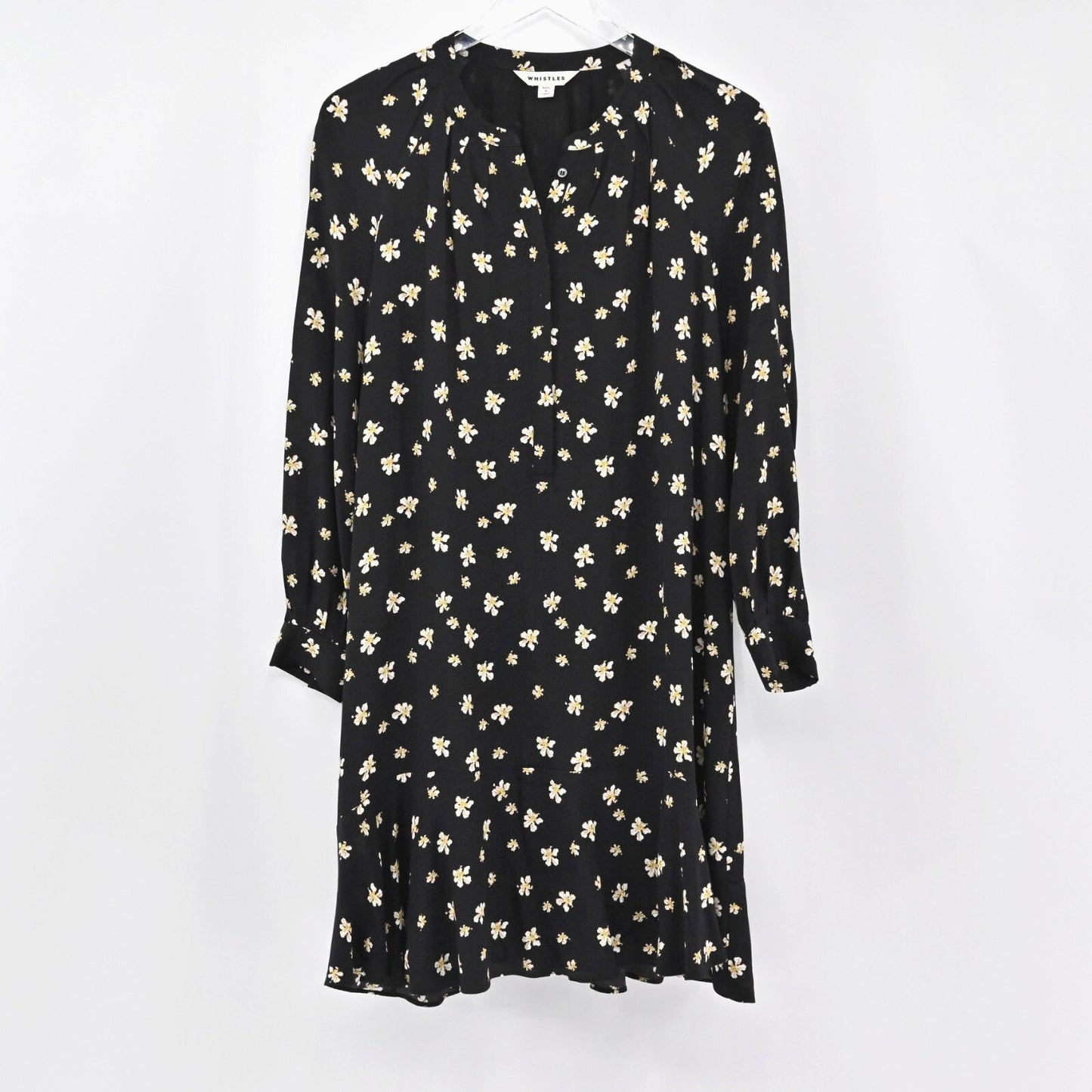 WHISTLES Edelweiss Dress Size 10 Floral Black Ruffle Mini Feminine Romantic