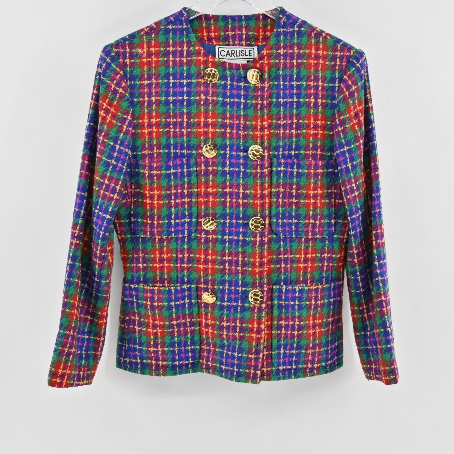 Vtg Carlisle Womens Plaid Wool Blazer Size 6 Collarless Double Breasted Jacket