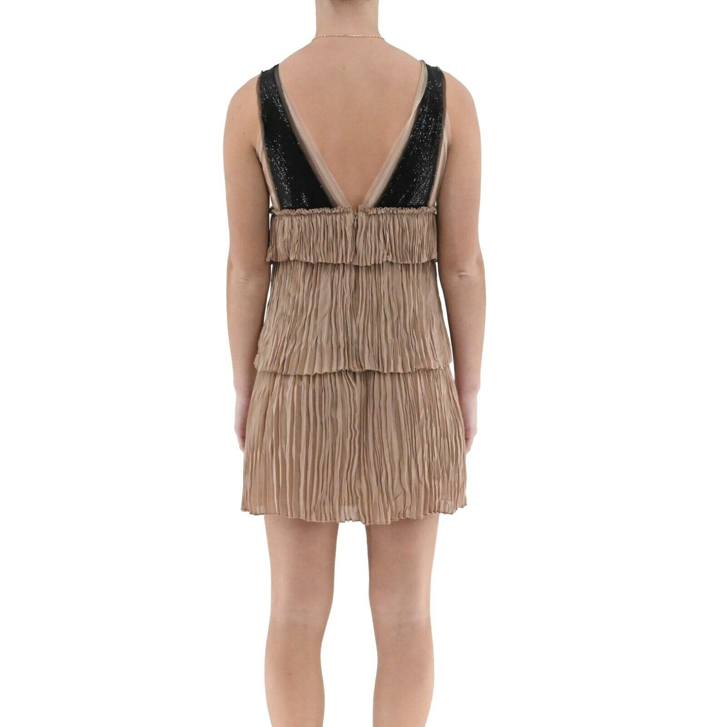 BCBGMAXAZRIA Dress Womens Size XXS Nude Black Averil Crinkle Crepe Retro Glam