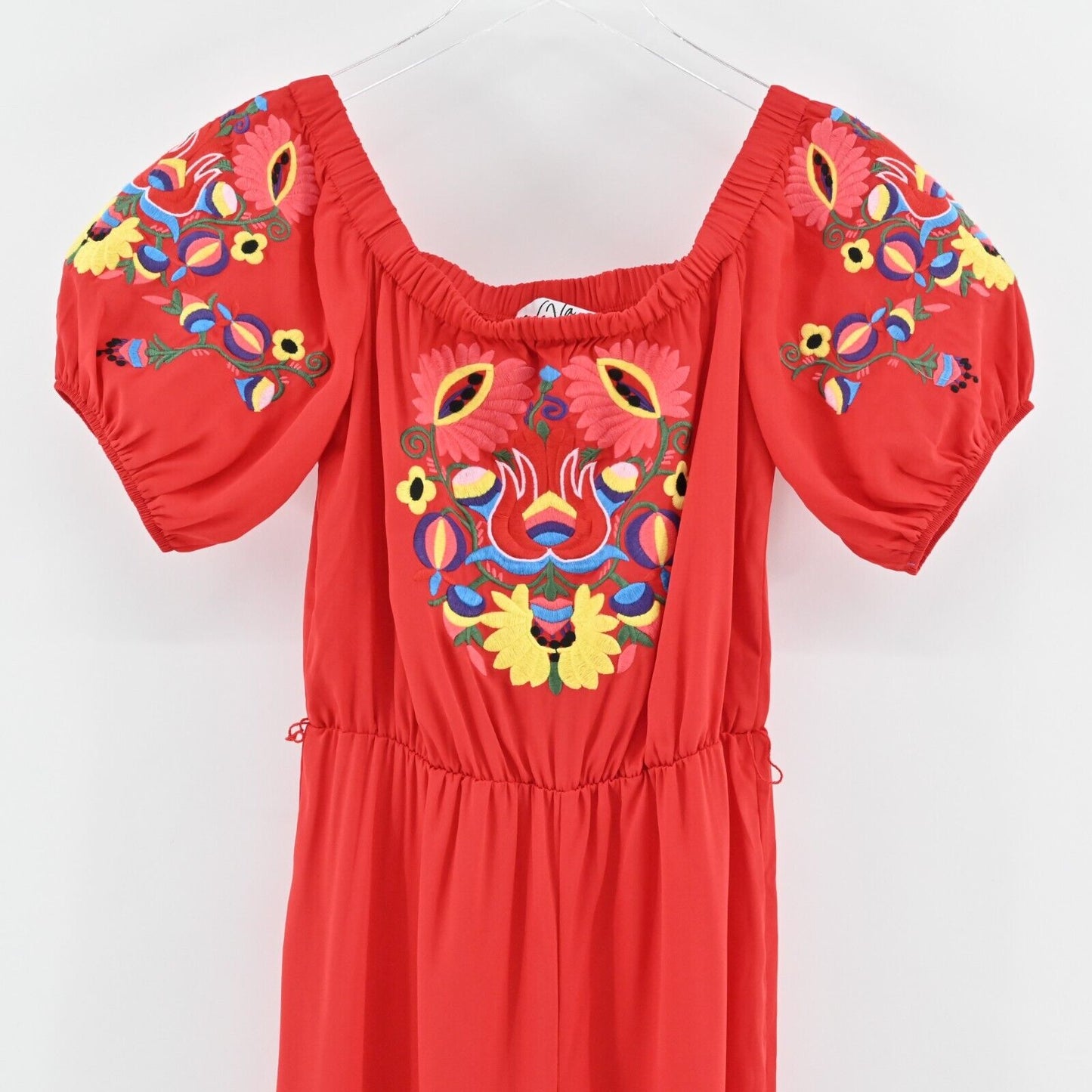 VAVA Jumpsuit Womens Size S Joy Han Red Wide Leg Off Shoulder Floral Embroidered
