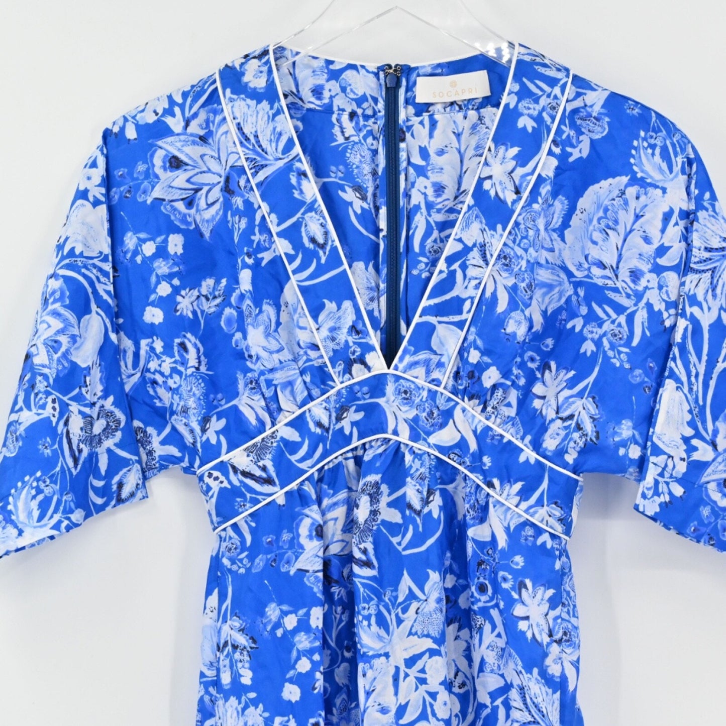 SOCAPRI Dress Sz 38 Blue Floral 100% Silk Dolman Sleeve Mini Geisha Deep V Neck