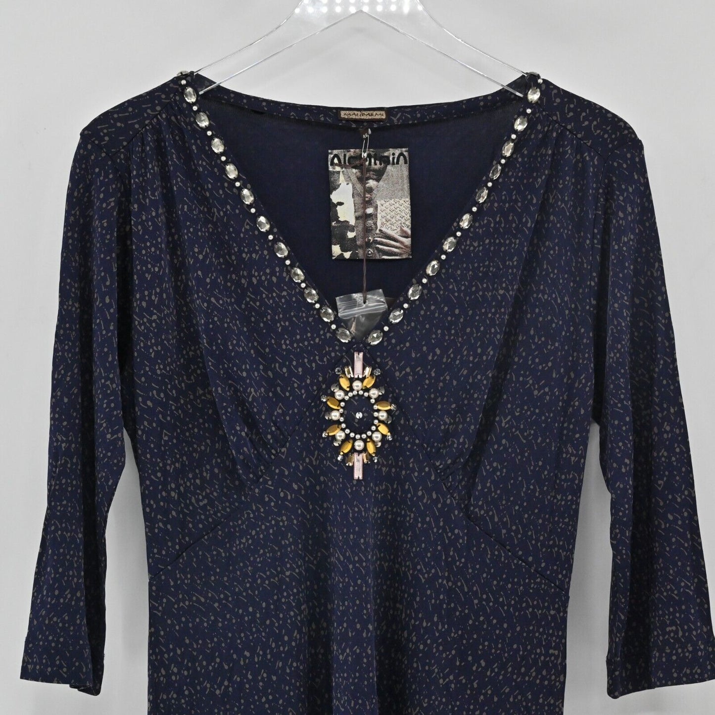 MALIPARMI Dress Size US 10 / IT 46 Navy Blue Embellished 3/4 Sleeves Italy NEW