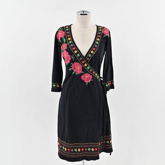 JOHNNY WAS Embroidered Wrap Dress Size S Black Floral Cotton V Neck 3/4 Sleeve