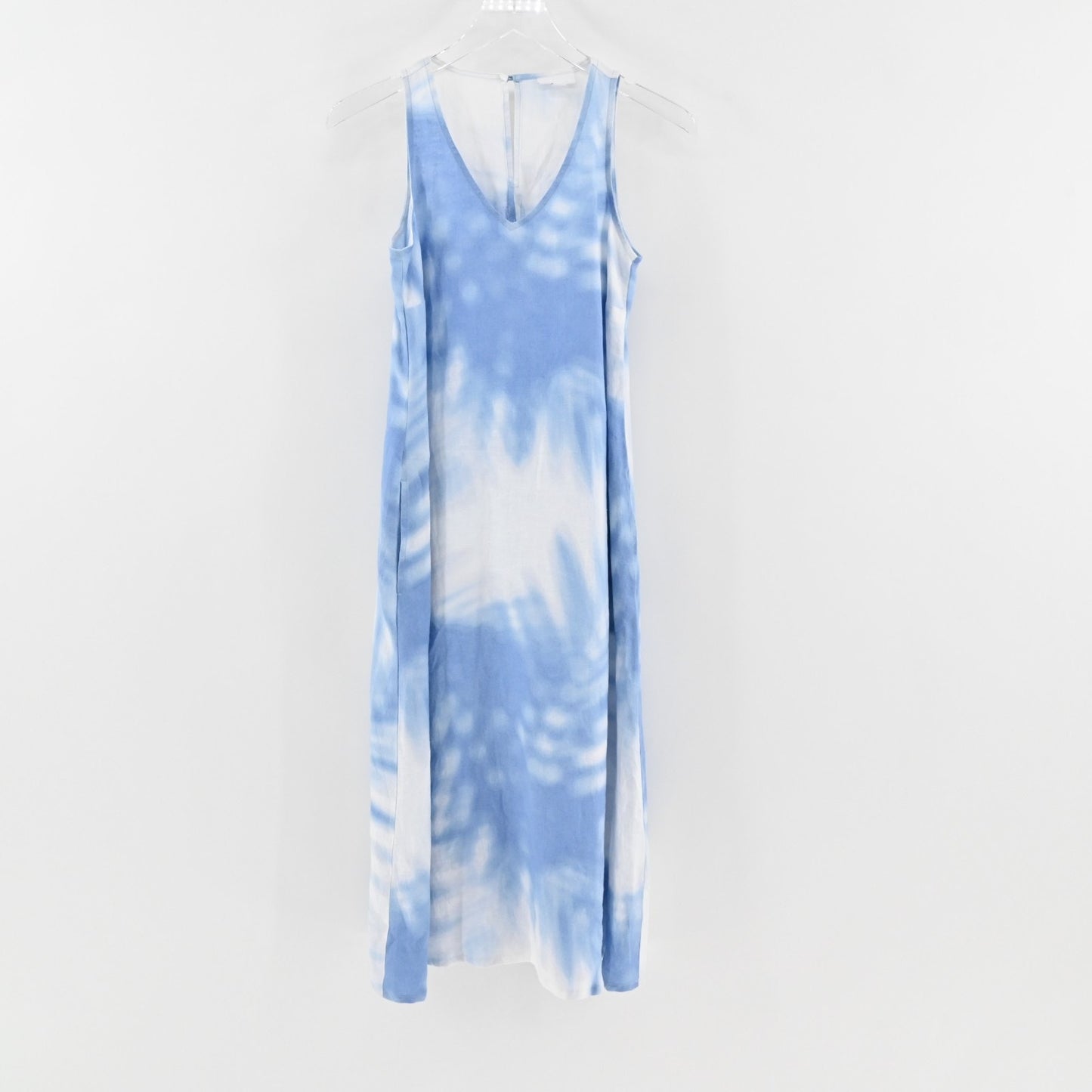 J Jill Love Linen Midi Dress Size XS ALine Breeze Abstract Palm Leaf Blue White