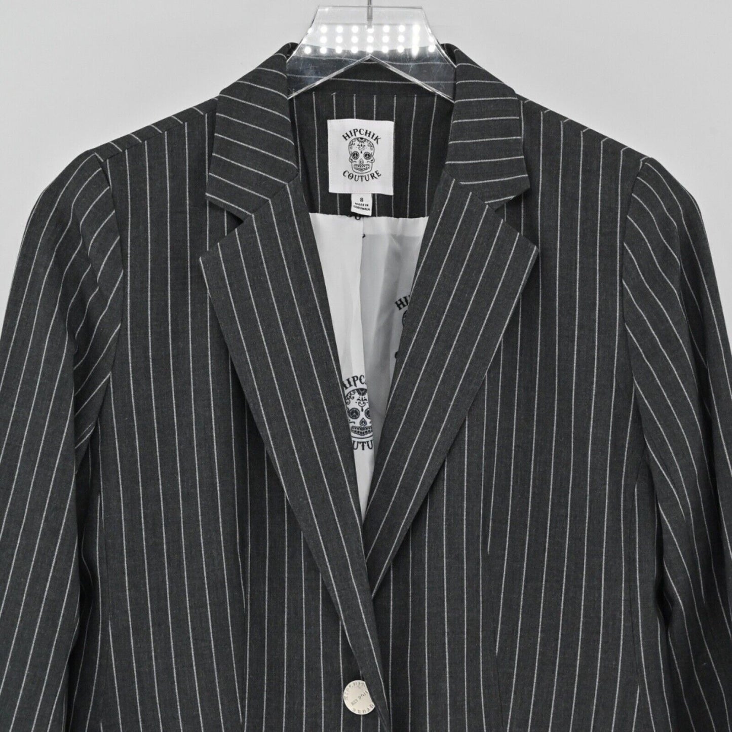 HIPCHIK COUTURE Blazer Womens Sz 8 Gray Pinstripe Rhinestone Butterfly Retro Y2K
