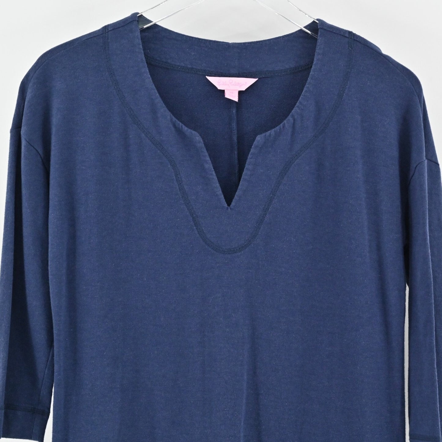 LILLY PULITZER Joyce Shift Dress Sz XS UPF 50+ True Navy 3/4 Sleeve Patch Pocket