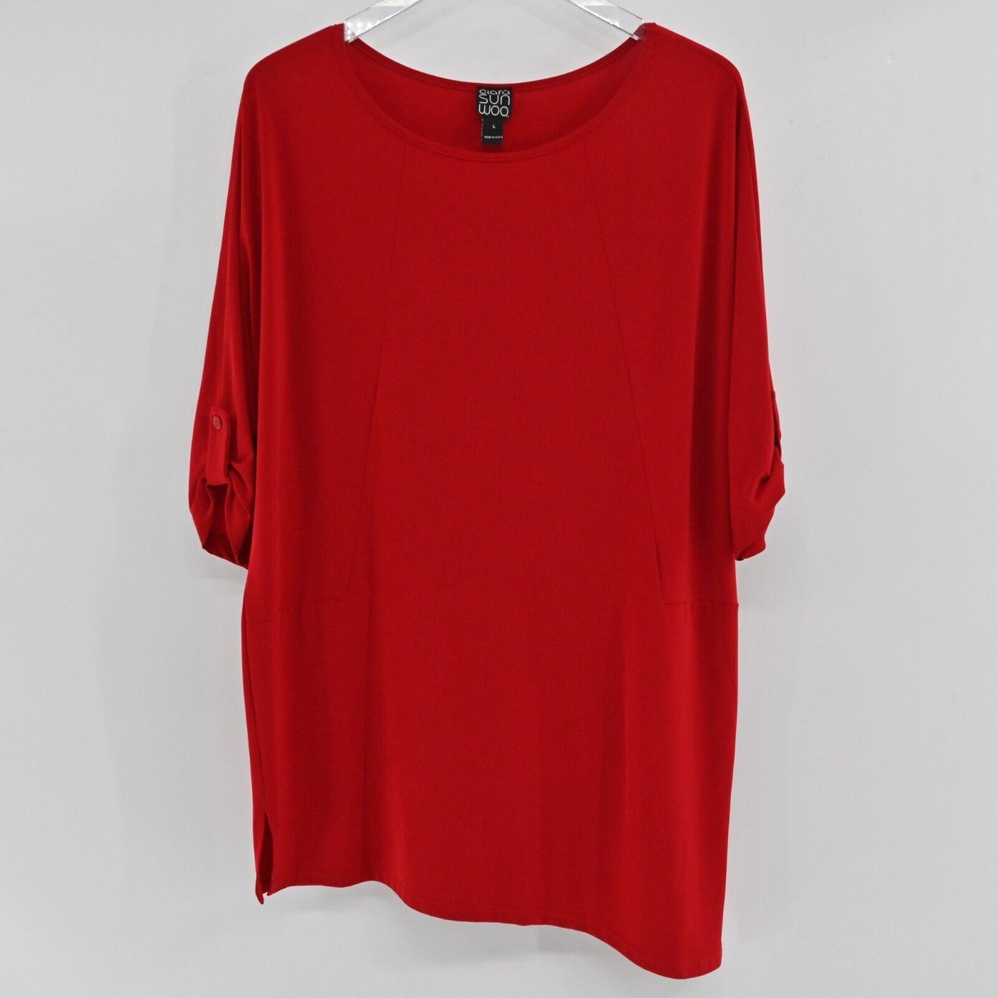 CLARA SUNWOO Dress Womens Size L Red Boat Neck Roll Tab Sleeve Asymmetric Shift