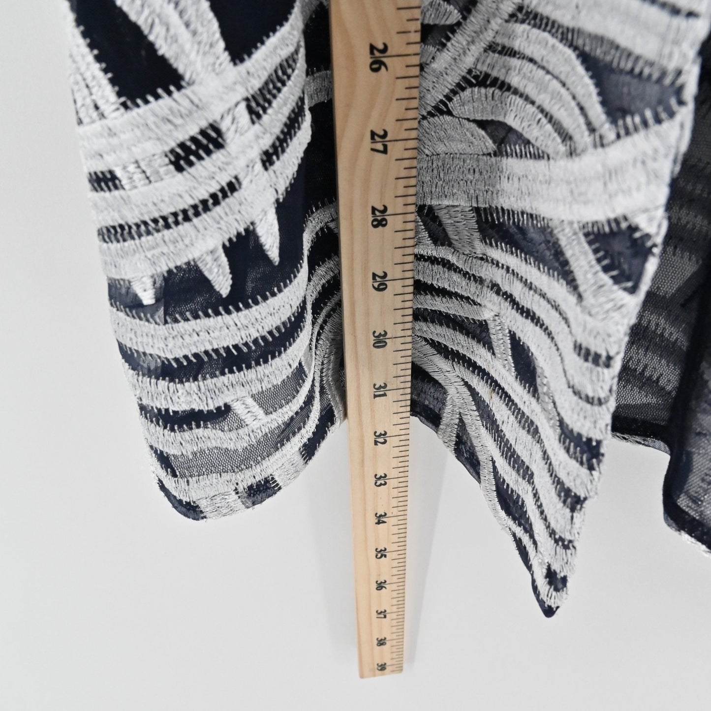 Chicos Womens Travelers Open Front Jacket Size S Navy Silver Embroidered Print