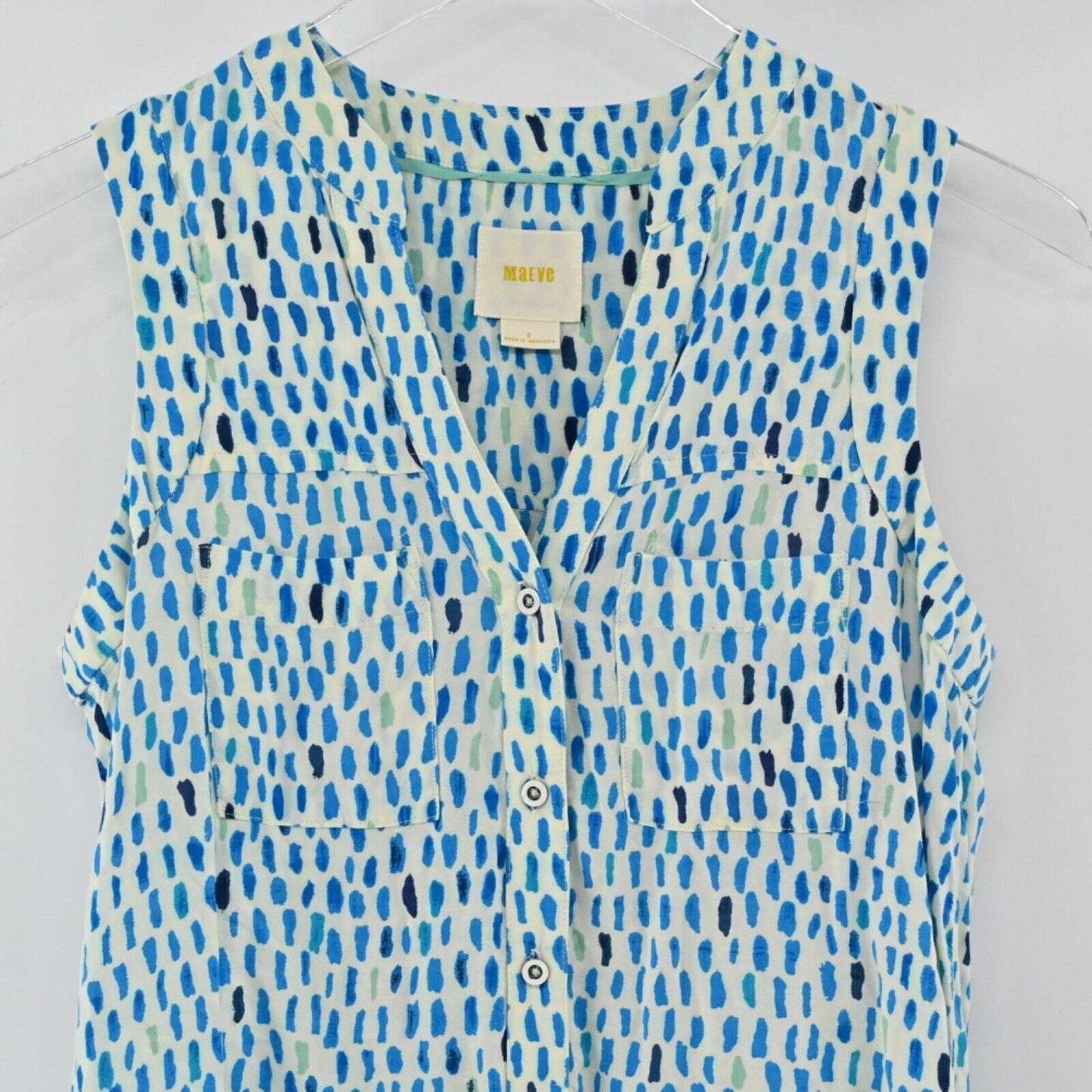 ANTHROPOLOGIE Top Womens Sz 0 MAEVE Blue Dot Button Front Pocket Sunseeker Tank
