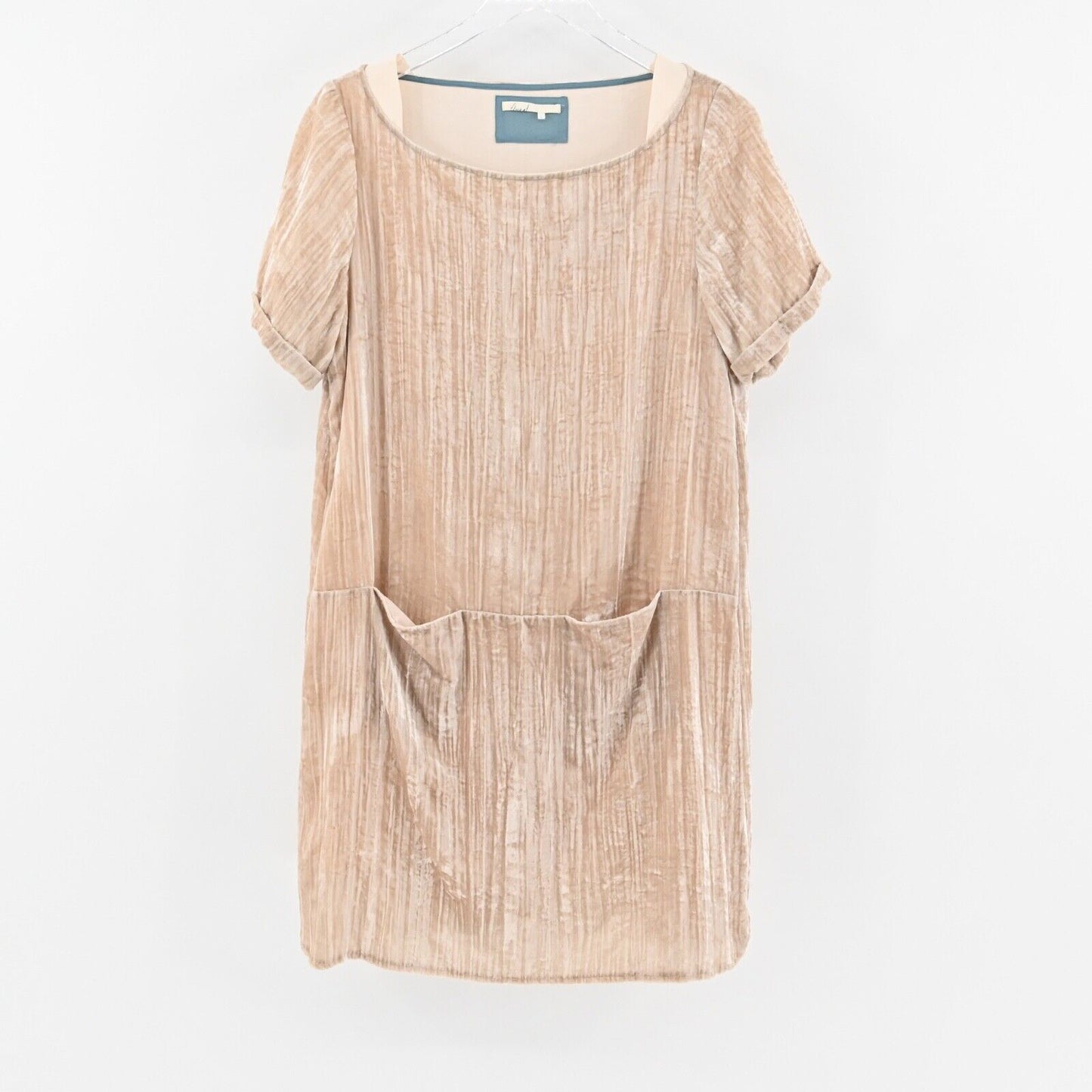 ANTHROPOLOGIE Dress Sz S Beige Crushed Velvet Short Sleeve Pocket Shift FLOREAT