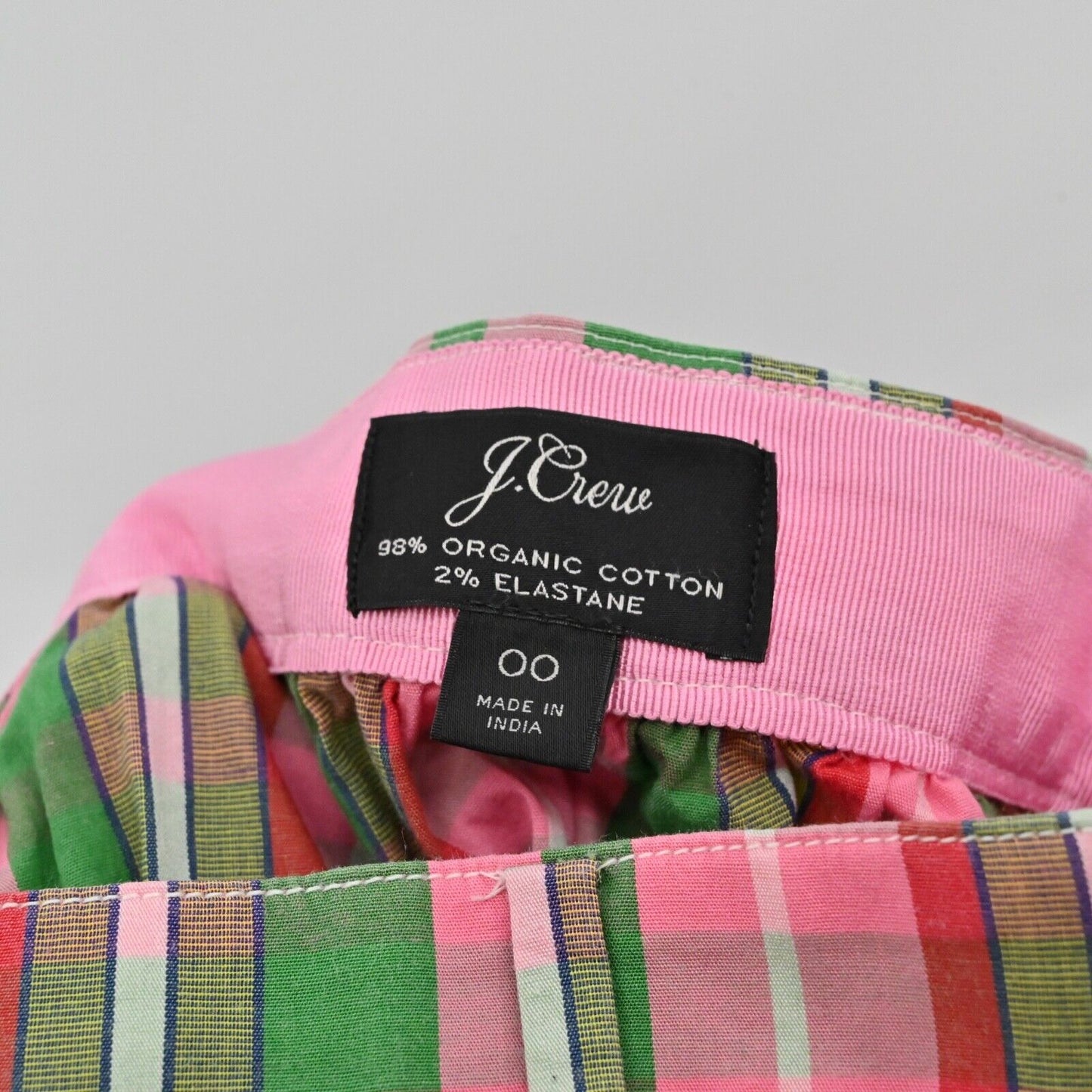 J CREW Skirt Sz 00 Pink Green Plaid Organic Cotton Blend Button Front Midi Retro