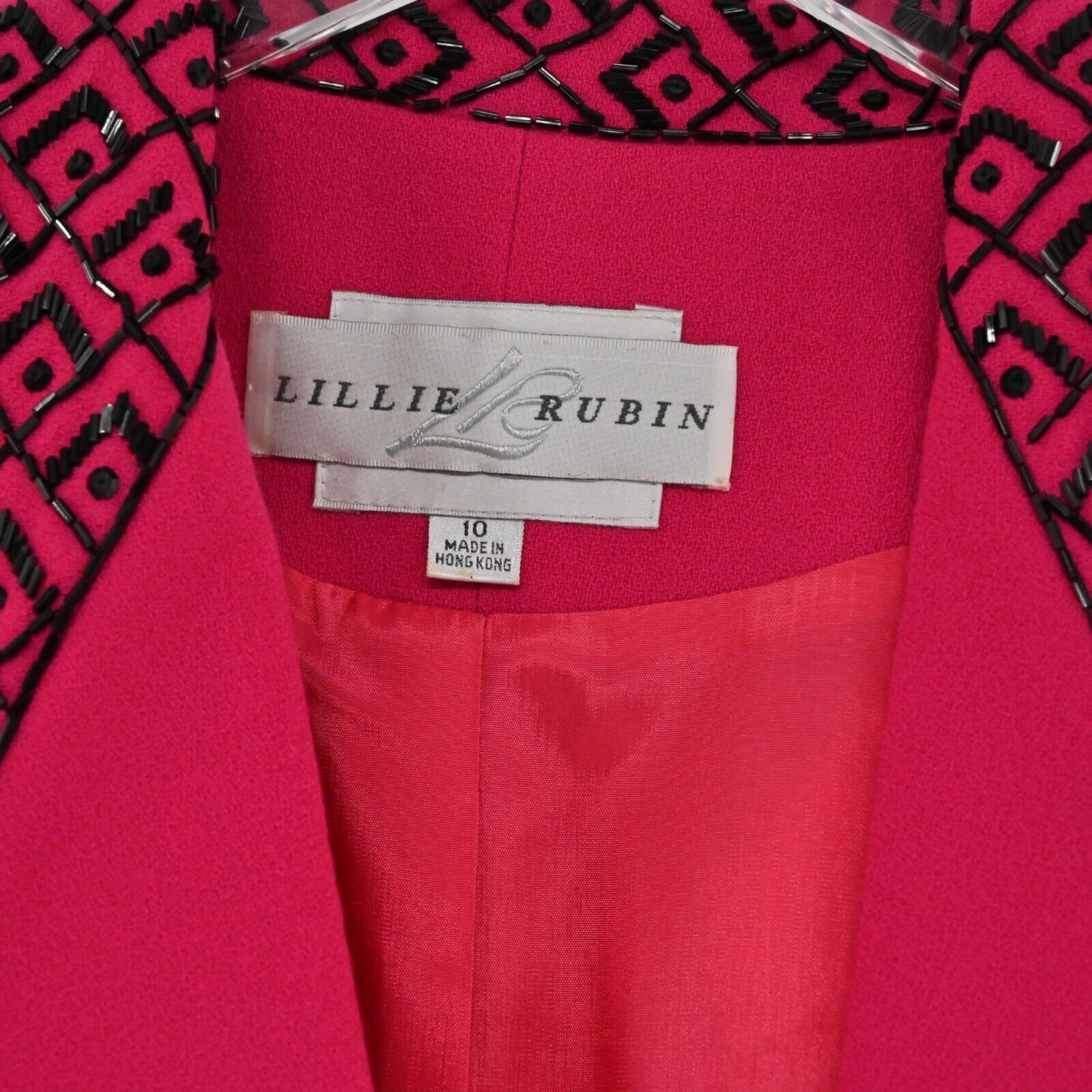 Vtg LILLIE RUBIN Skirt Suit Womens Size 10 Hot Pink Black Beaded 80s