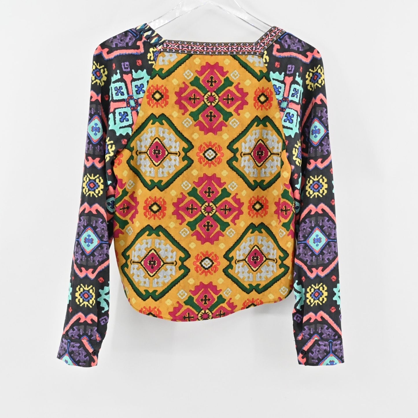 RACHEL ROY Top Womens Sz M Multicolor Print Embroidered Trim Square Neck Blouse