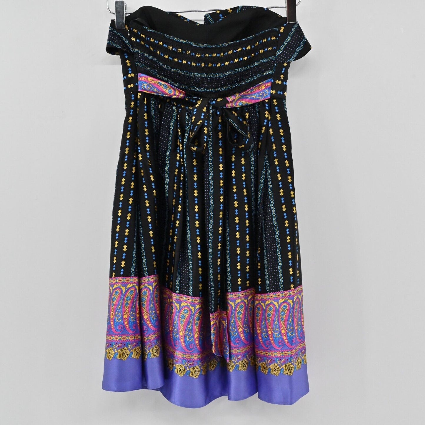 Vtg BETSEY JOHNSON Dress Womens Sz 4 Silk Y2K Strapless Multicolor Print Ruffle