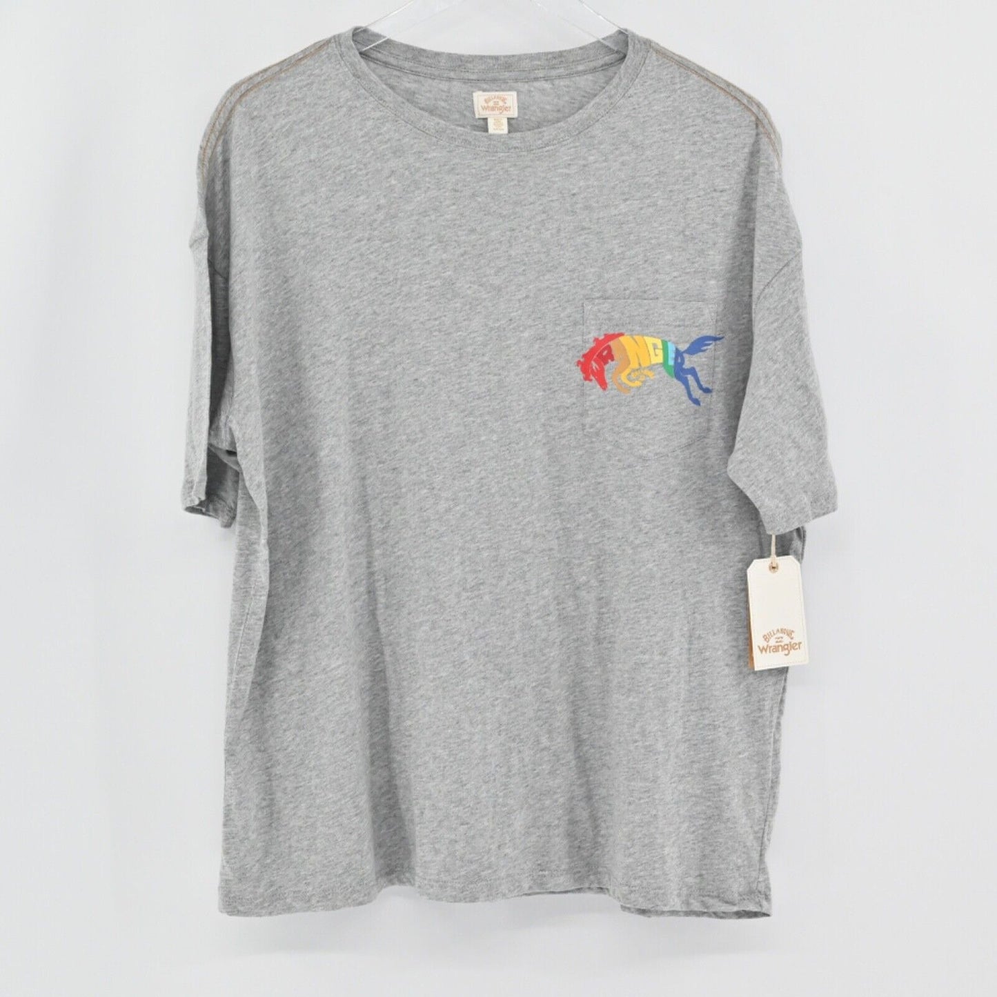 BILLABONG x WRANGLER T Shirt Womens Sz S Gray True Boy Pocket Rainbow Cotton NEW