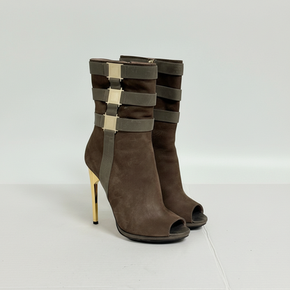 Lynn's Closet Boutique Herve Leger brown suede peep-toe ankle boots with gray strap detailing and gold stiletto heels