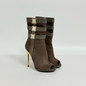 Lynn's Closet Boutique Herve Leger brown suede peep-toe ankle boots with gray strap detailing and gold stiletto heels