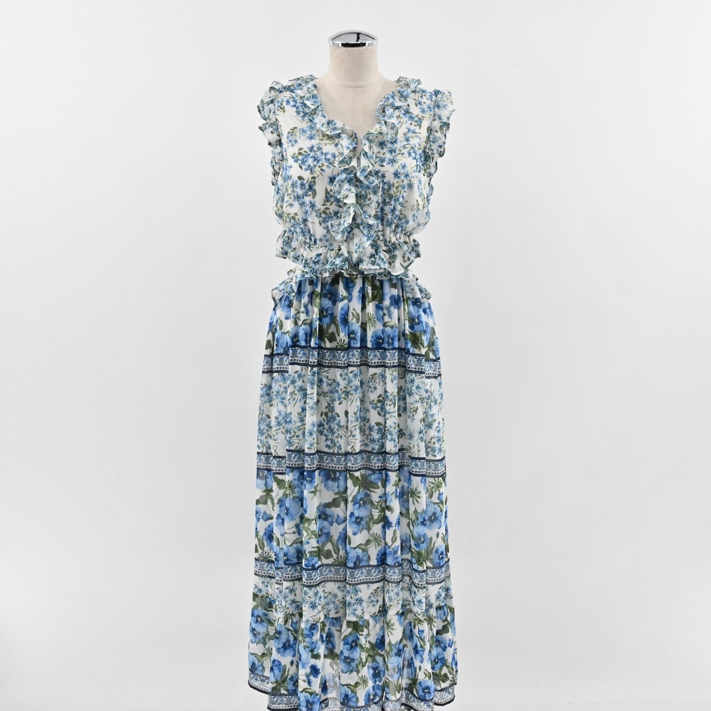 Moon River Ruffled Floral Print Maxi Dress Size L Blue Multi Sleeveless Cut Out