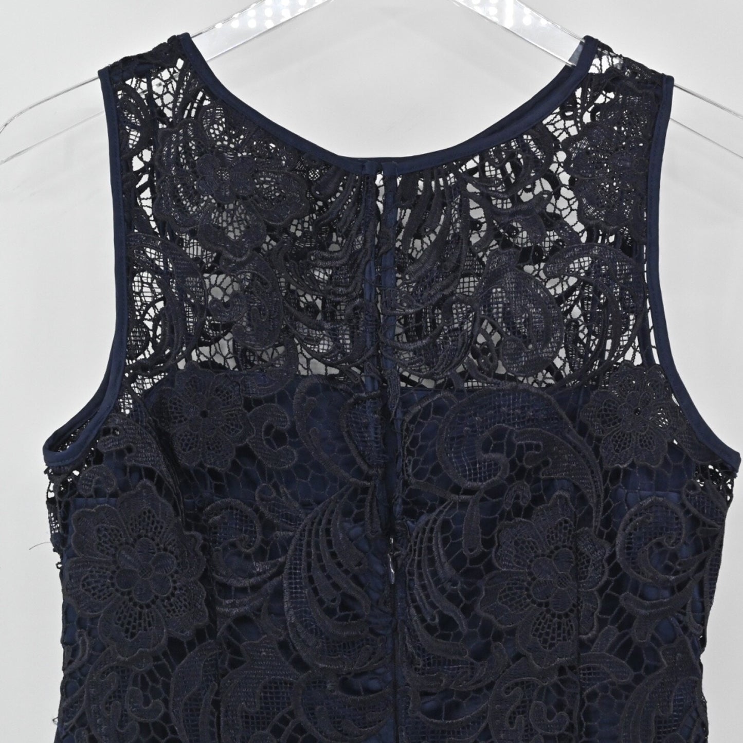 ADRIANNA PAPELL Dress Size 8 Black Blue Illusion Floral Lace Sleeveless Sheath