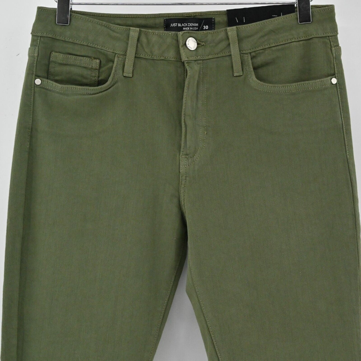 JUST BLACK DENIM Jeans Womens Sz 30 Green Crop Ankle Army Fringe Made in USA NEW