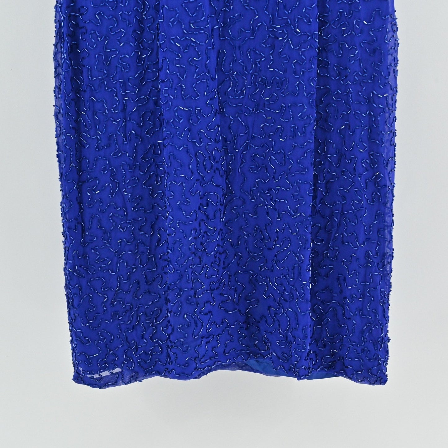 Vtg 80s Niteline Silk Beaded Sequin Dress Size 6 Blue Cocktail High Neck Fringe