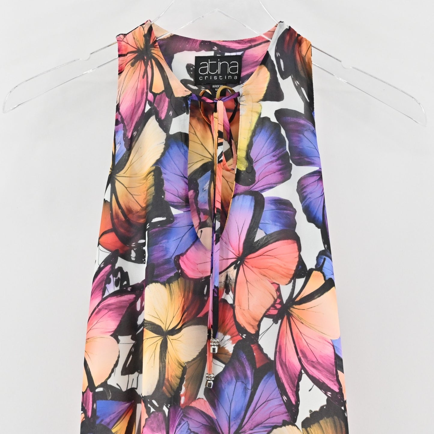 Vtg Y2k Atina Cristina Colorful Butterfly Mini Dress Sz XS Sleeveless Ruffle Hem