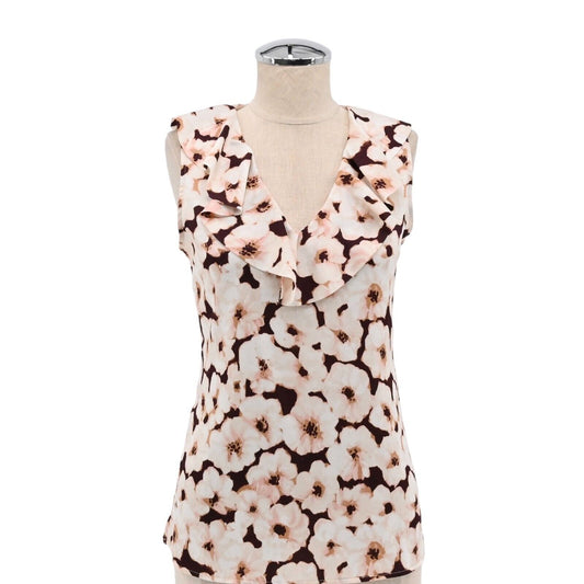 BANANA REPUBLIC Top Womens Sz XS Burgundy Blush Floral Sleeveless Ruffle V Neck