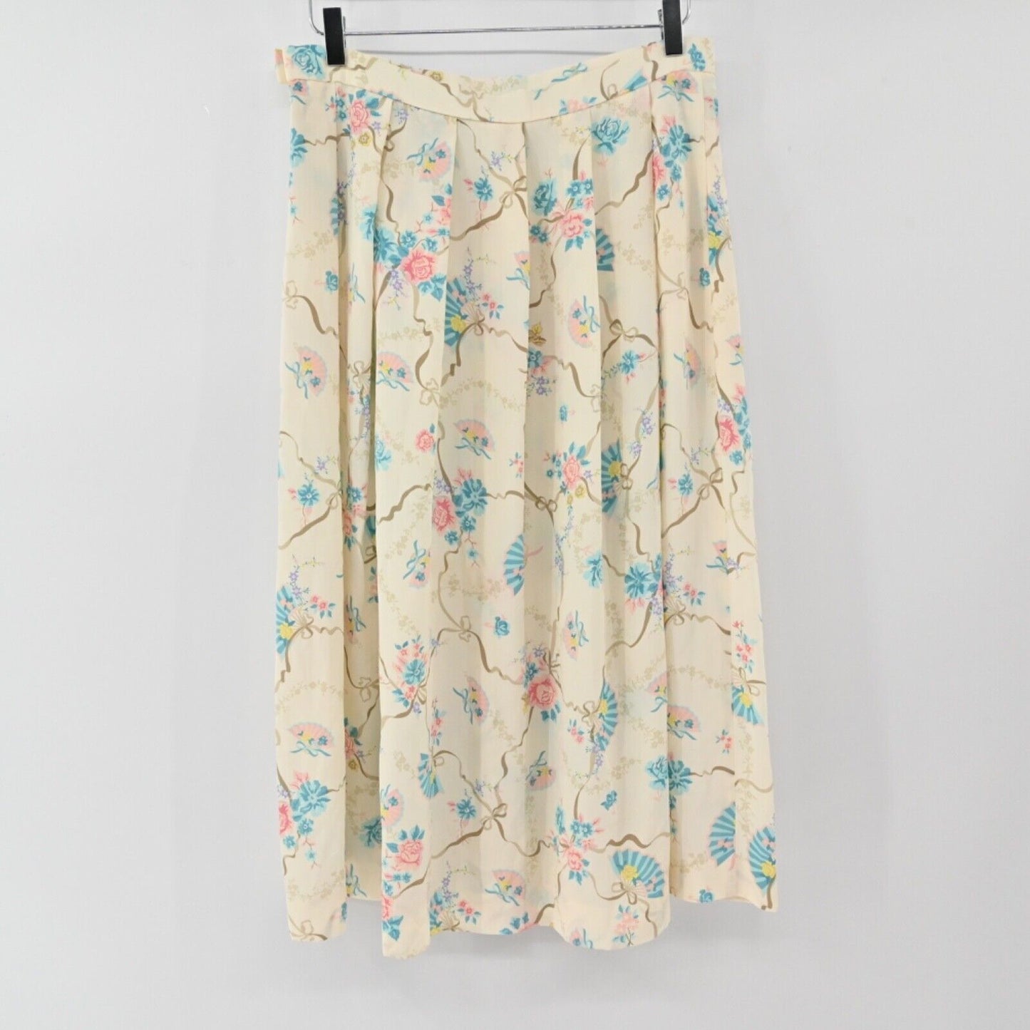 Vtg KORET CAREER Skirt Womens Sz S Ivory Floral Fans Bows Pleated Midi Retro 80s