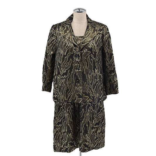 Vtg Blazer Dress Set Womens Sz L Black Gold Metallic Geometric Scoop Neck Shift
