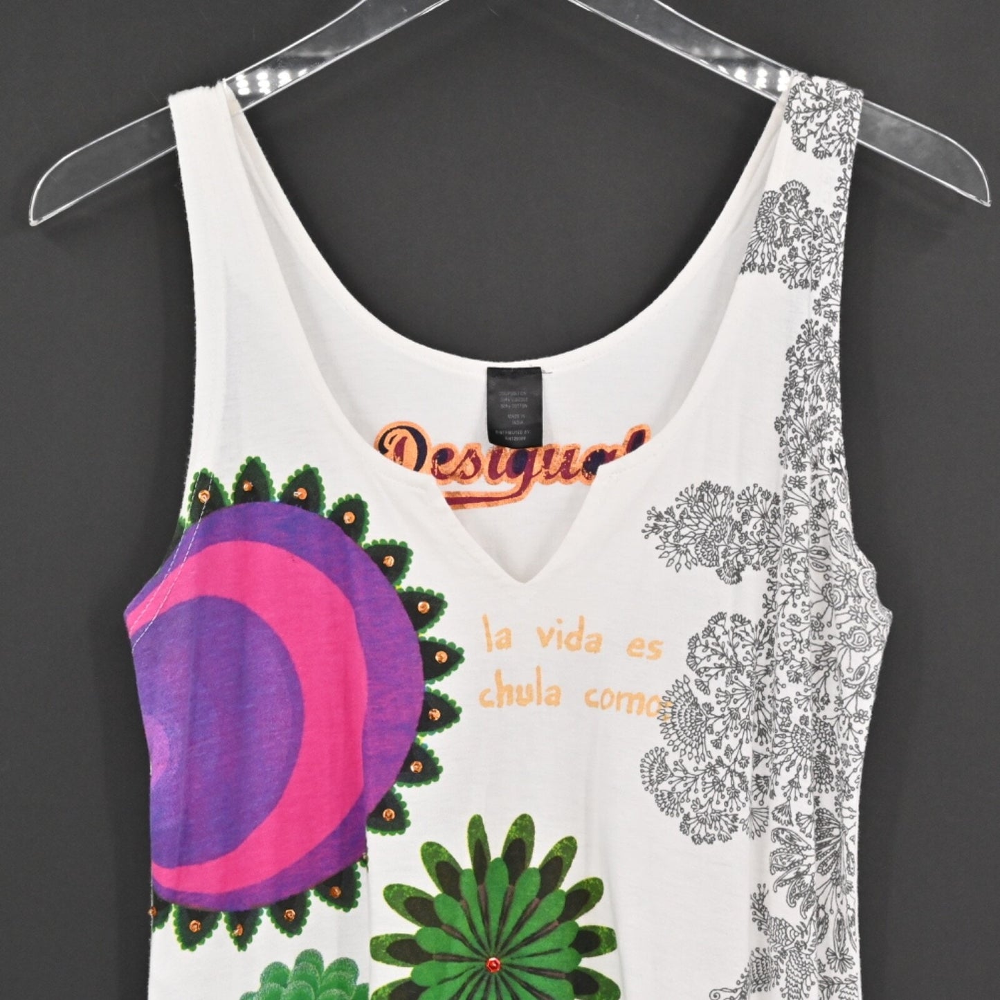 Vtg DESIGUAL Womens Sequin Embroidered Dress Size M White Tunic Mini Floral Y2k