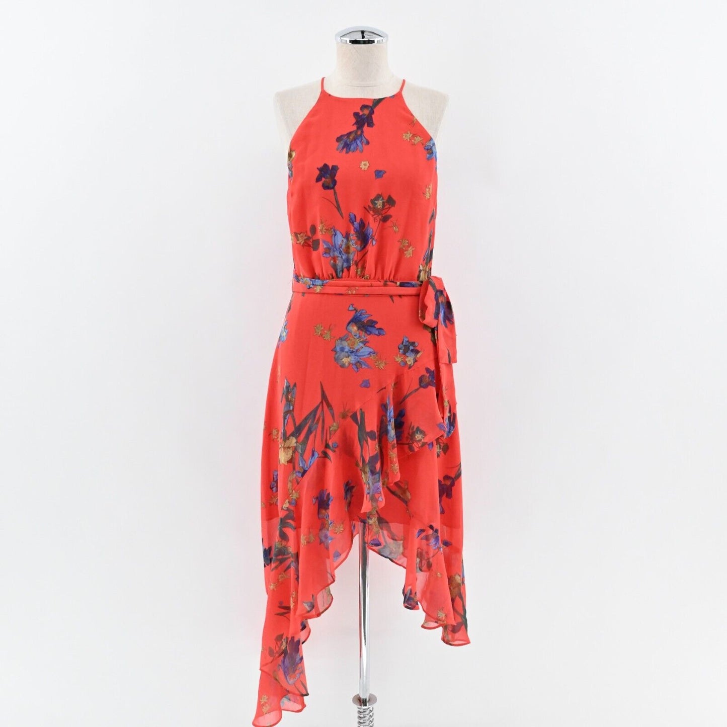 CECE Dress Sz 4 Red Floral Havana Fiesta Halter Tie Belt Asymmetric Ruffle Hem