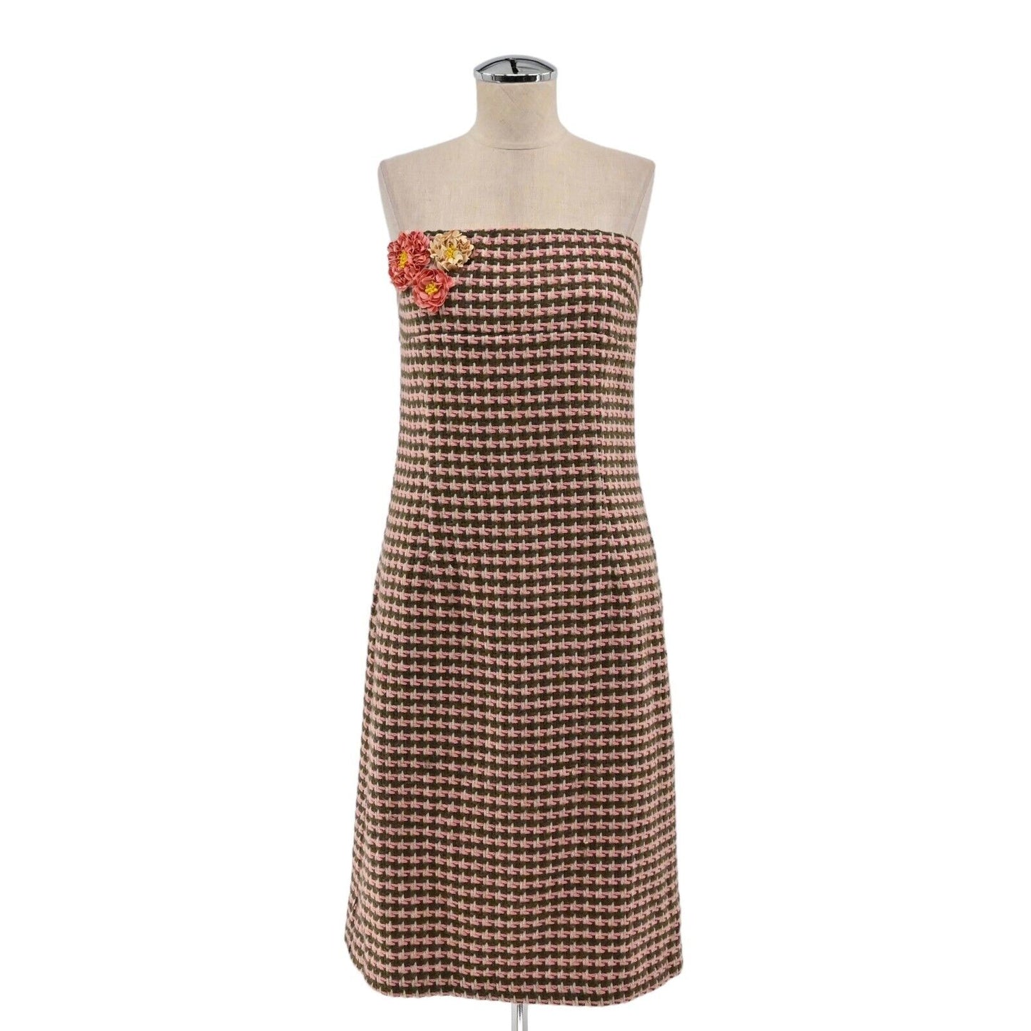 Vtg RUTH Dress Womens Sz 10 Strapless Wool Brown Pink Flower Detail Houndstooth