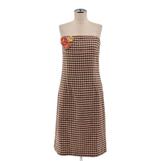 Vtg RUTH Dress Womens Sz 10 Strapless Wool Brown Pink Flower Detail Houndstooth