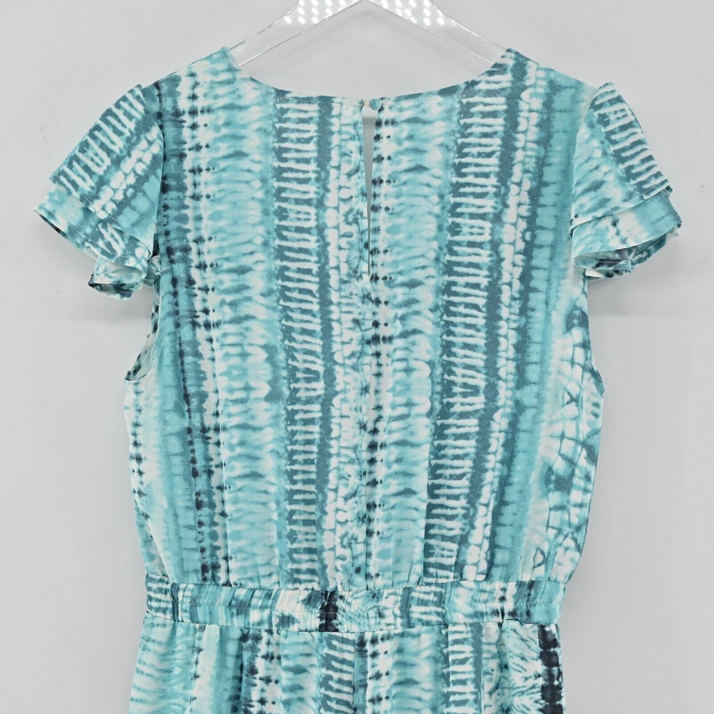 LUXXEL Romper Womens Size L Short Sleeve VNeck Turquoise Printed Tie Waist Frill