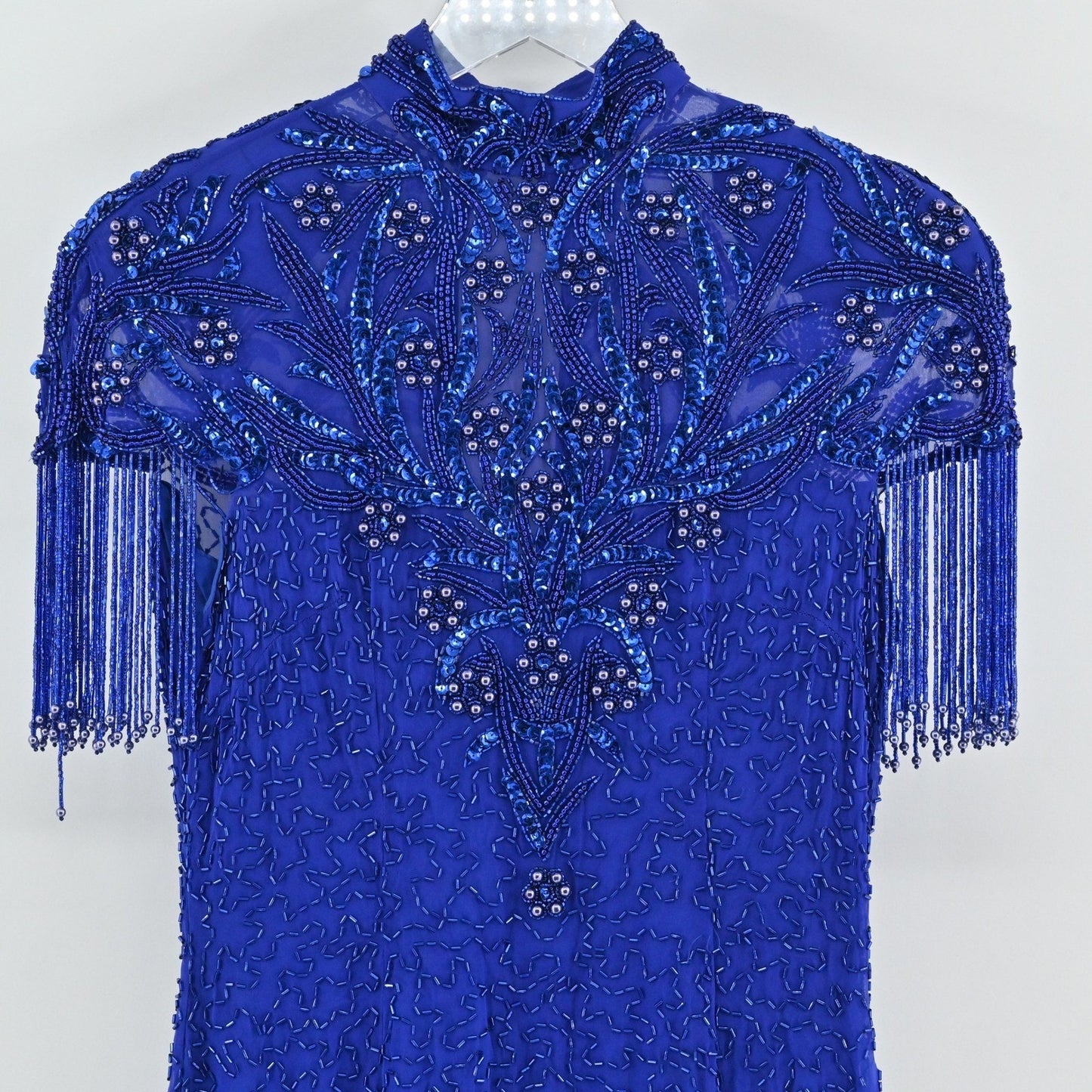 Vtg 80s Niteline Silk Beaded Sequin Dress Size 6 Blue Cocktail High Neck Fringe