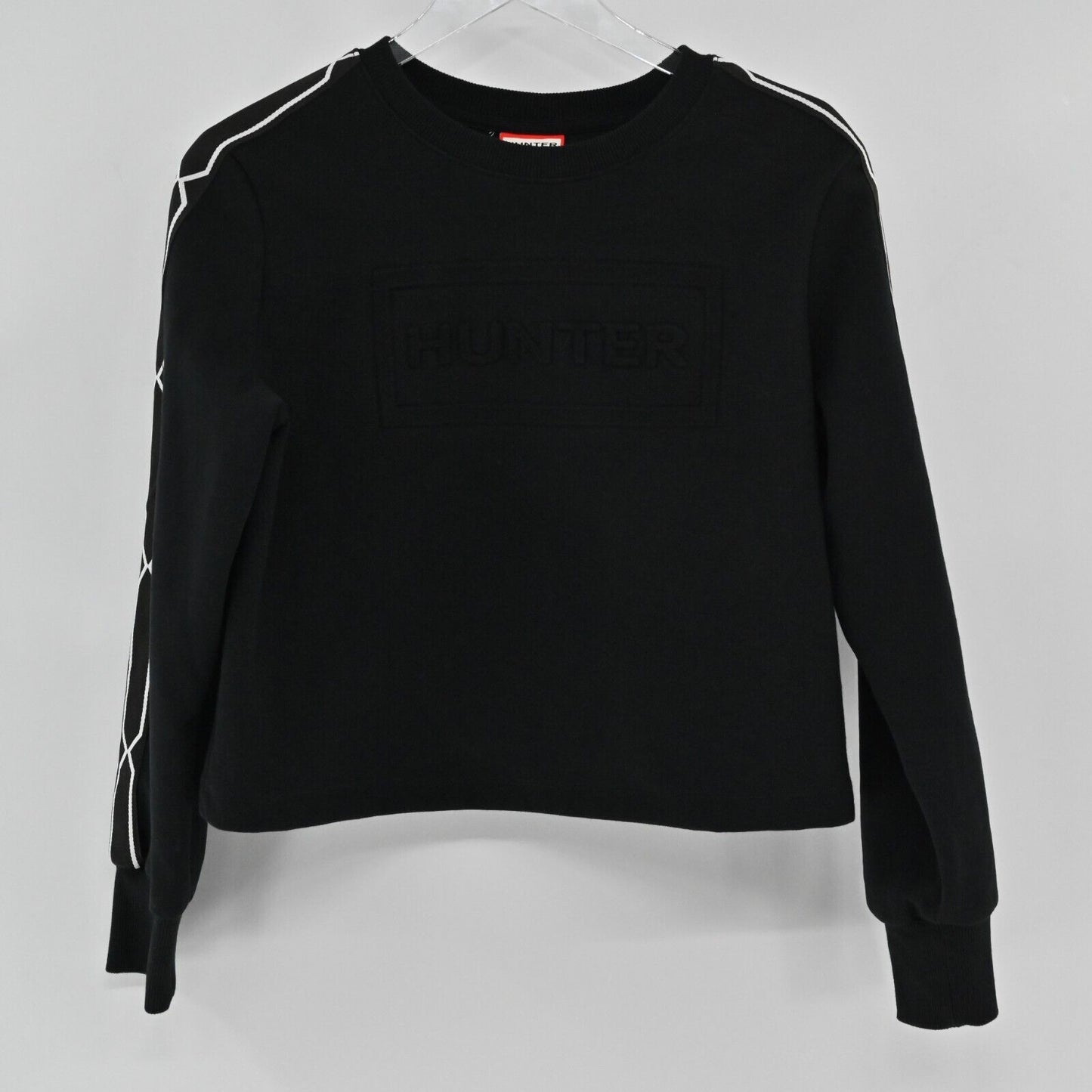 HUNTER Pullover Crewneck Womens Sz S Sweatshirt Chain Trim Logo Black White Crop