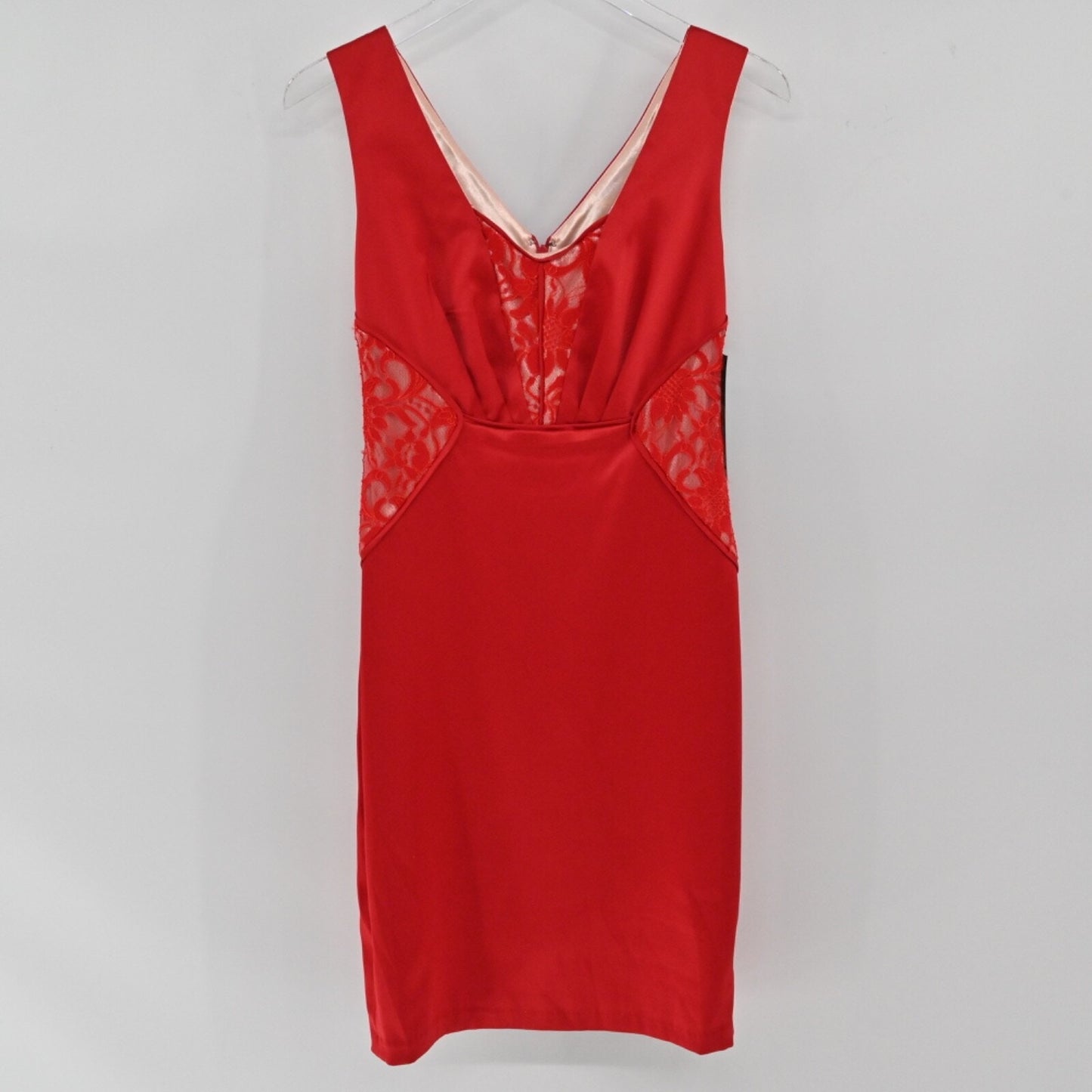 SANGRIA Womens Red Satin Dress Size 2 Lace Inlay Office Siren Cocktail Holiday